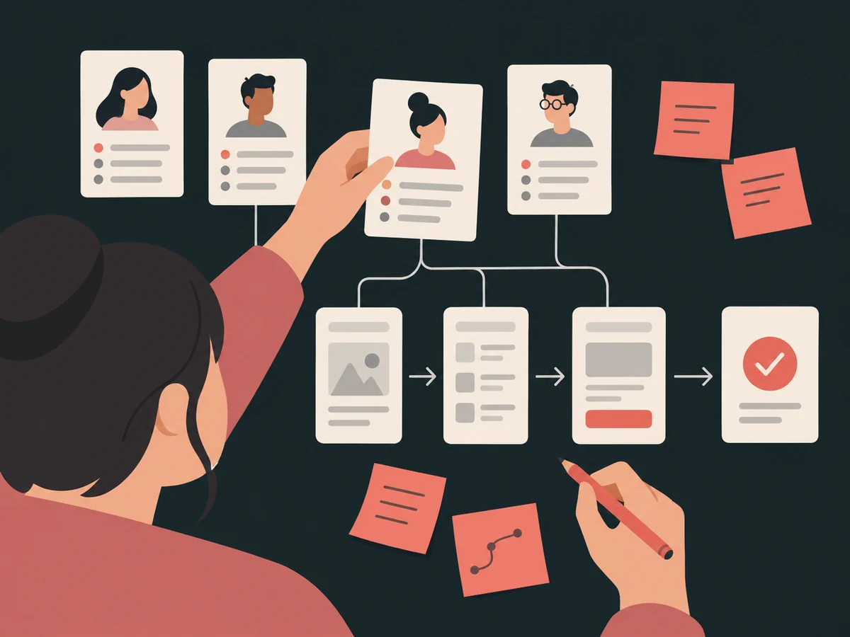 UX researcher arranging personas and user journey wireframes